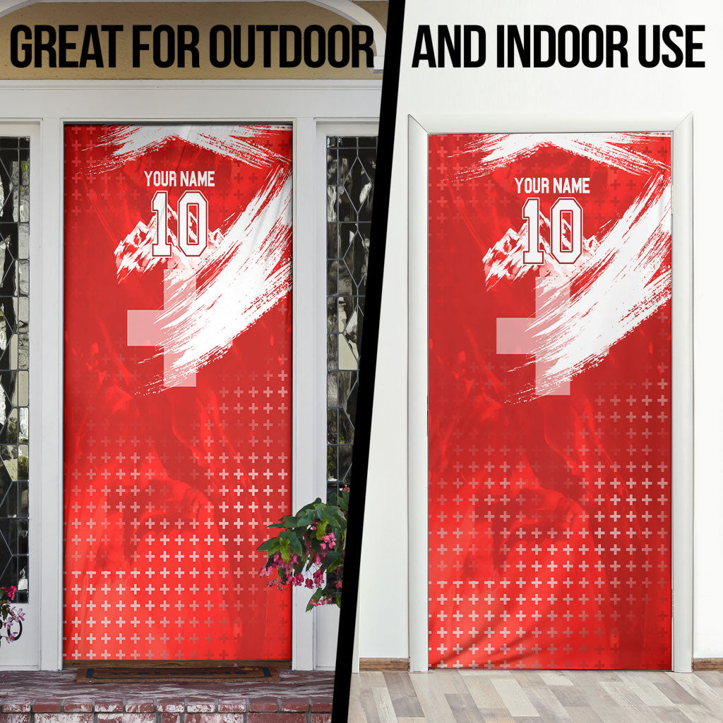 Personalized Switzerland Football Alpine Goat Door Cover Swiss Flag Snow Mountain - Soccer Mascot