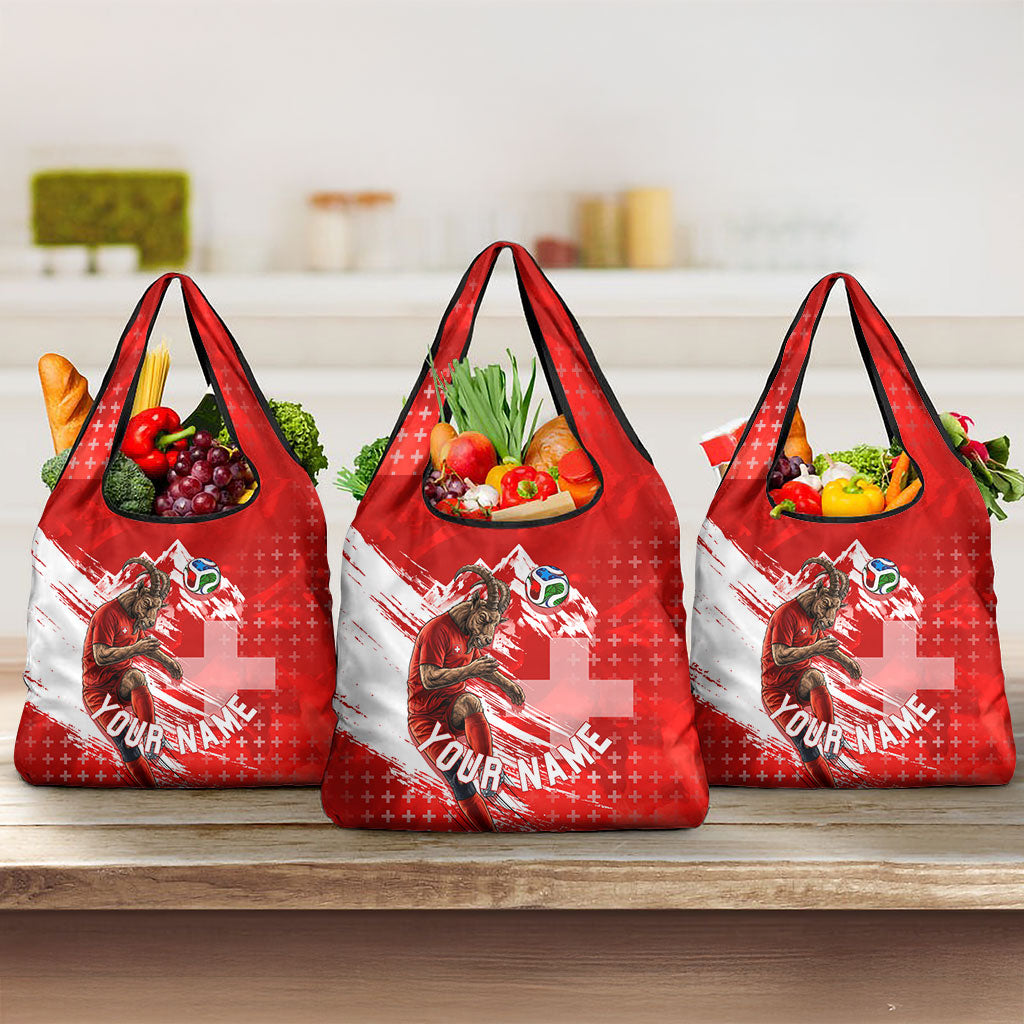 Personalized Switzerland Football Alpine Goat Grocery Bag Swiss Flag Snow Mountain - Soccer Mascot