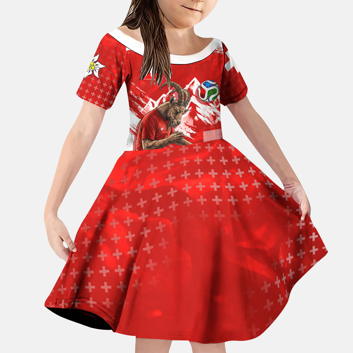 Personalized Switzerland Football Alpine Goat Kid Short Sleeve Dress Swiss Flag Snow Mountain - Soccer Mascot