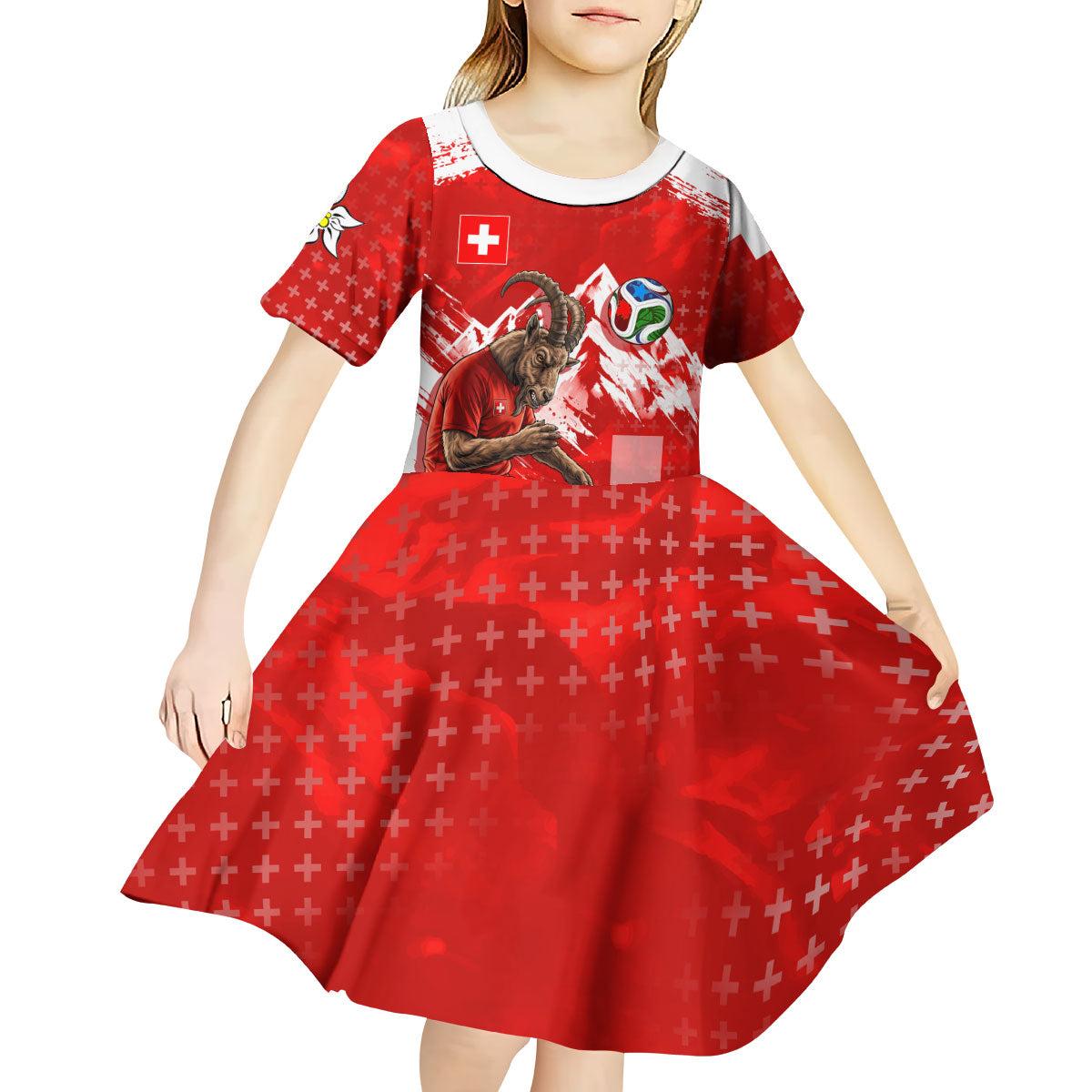 Personalized Switzerland Football Alpine Goat Kid Short Sleeve Dress Swiss Flag Snow Mountain - Soccer Mascot