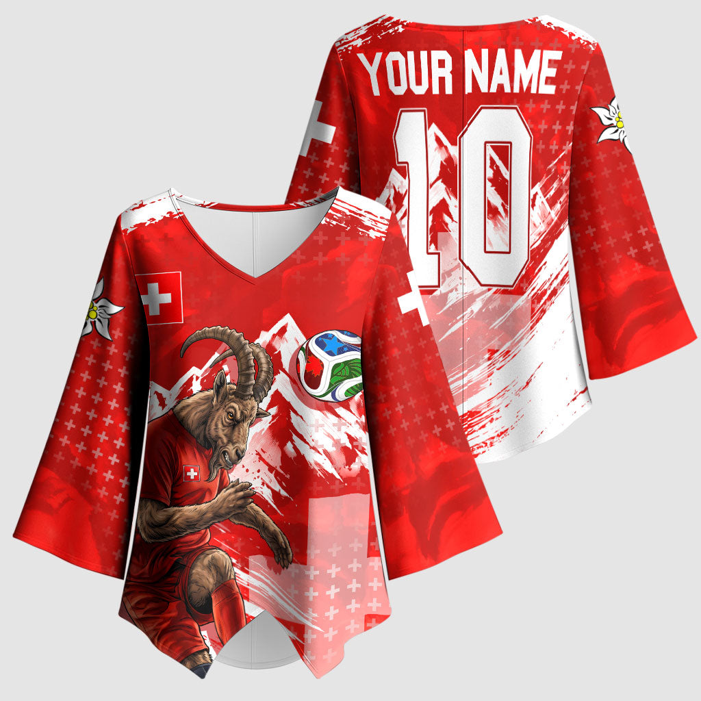 Personalized Switzerland Football Alpine Goat Kimono Sleeve Blouse Swiss Flag Snow Mountain - Soccer Mascot