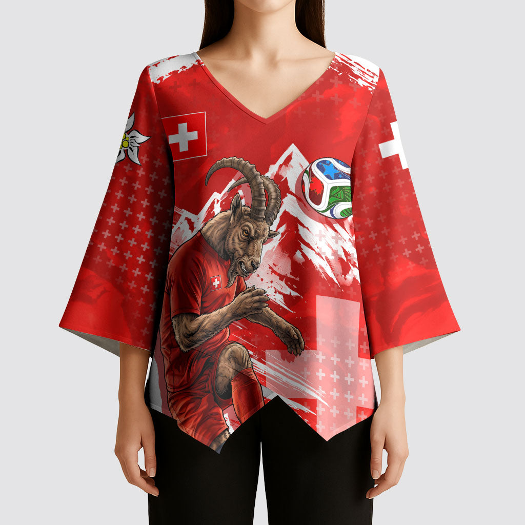 Personalized Switzerland Football Alpine Goat Kimono Sleeve Blouse Swiss Flag Snow Mountain - Soccer Mascot