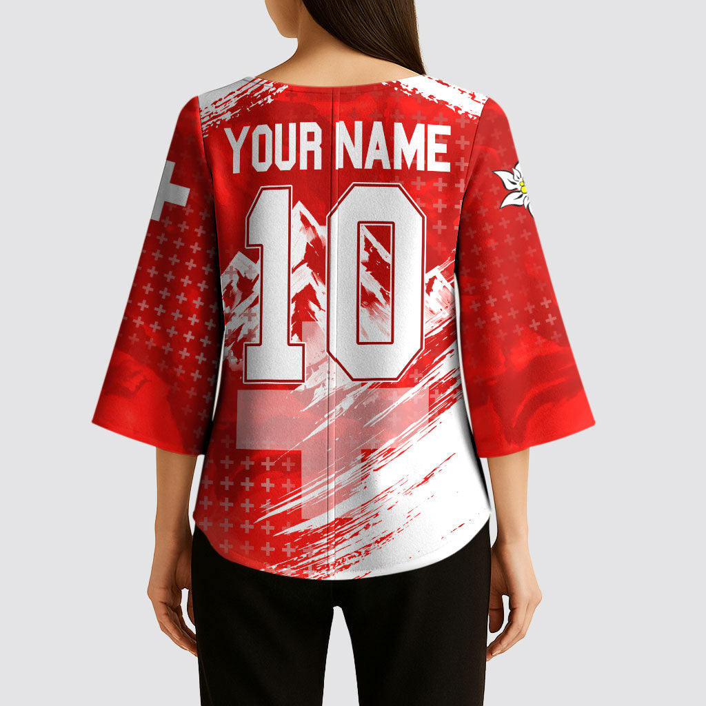 Personalized Switzerland Football Alpine Goat Kimono Sleeve Blouse Swiss Flag Snow Mountain - Soccer Mascot