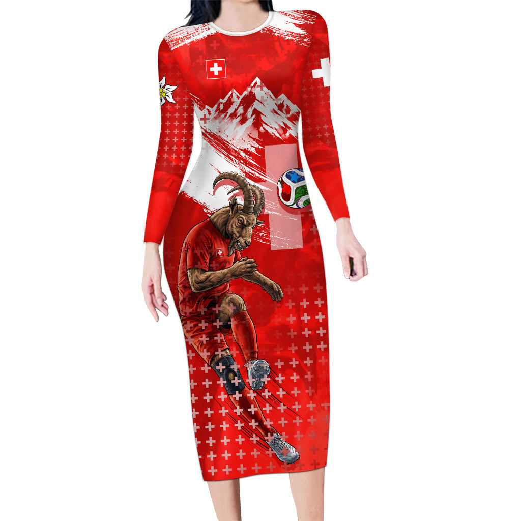 Personalized Switzerland Football Alpine Goat Long Sleeve Bodycon Dress Swiss Flag Snow Mountain - Soccer Mascot