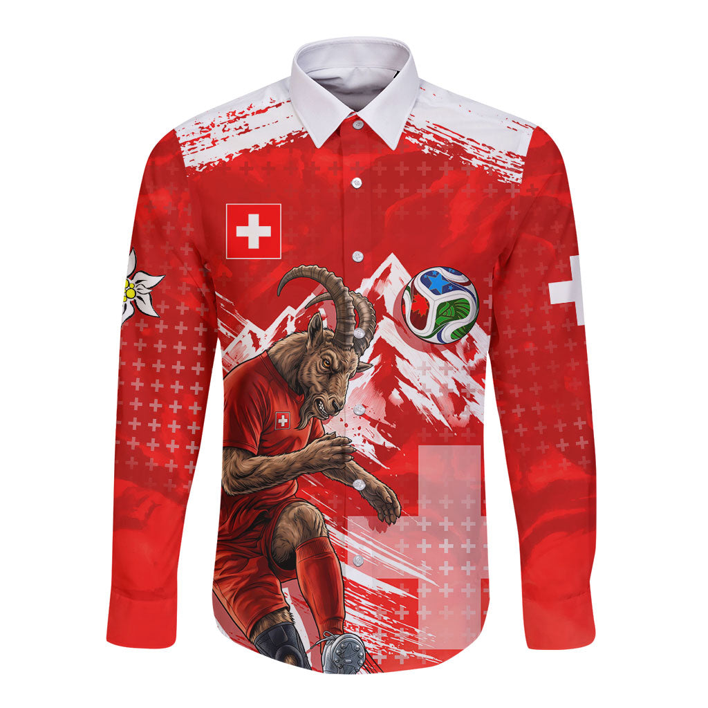 Personalized Switzerland Football Alpine Goat Long Sleeve Button Shirt Swiss Flag Snow Mountain - Soccer Mascot
