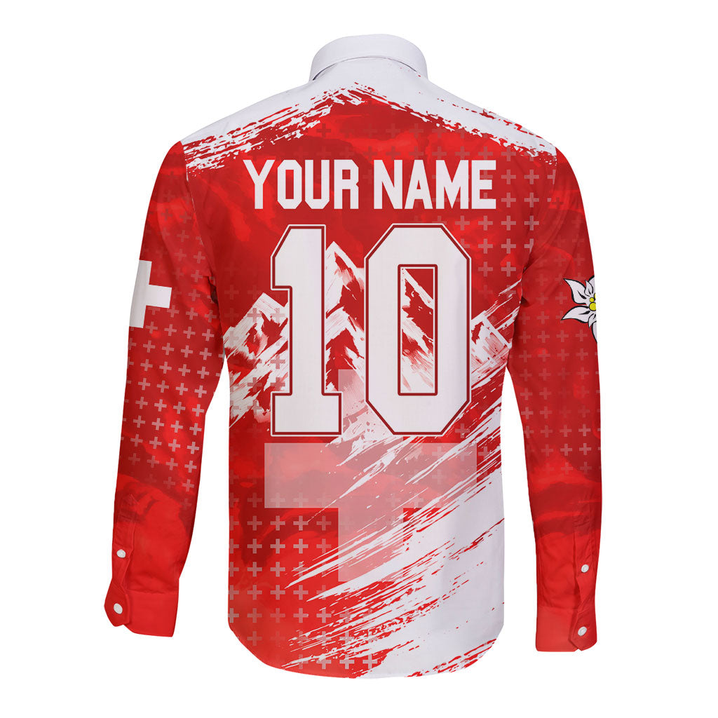 Personalized Switzerland Football Alpine Goat Long Sleeve Button Shirt Swiss Flag Snow Mountain - Soccer Mascot