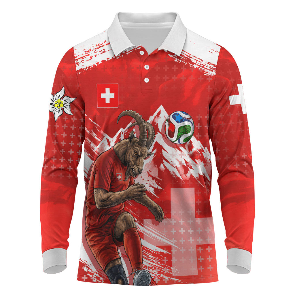 Personalized Switzerland Football Alpine Goat Long Sleeve Polo Shirt Swiss Flag Snow Mountain - Soccer Mascot