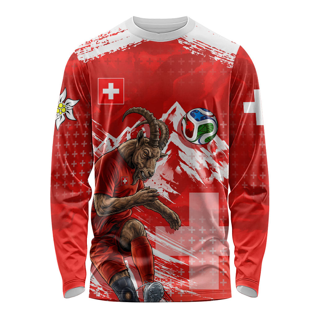 Personalized Switzerland Football Alpine Goat Long Sleeve Shirt Swiss Flag Snow Mountain - Soccer Mascot