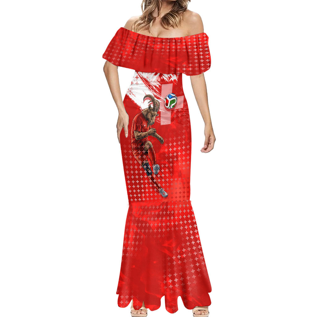 Personalized Switzerland Football Alpine Goat Mermaid Dress Swiss Flag Snow Mountain - Soccer Mascot