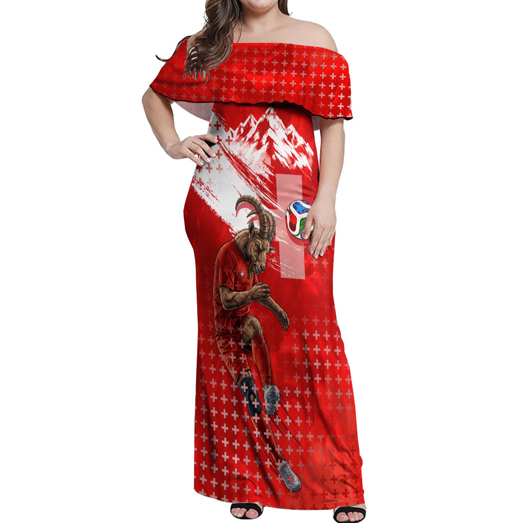 Personalized Switzerland Football Alpine Goat Off Shoulder Maxi Dress Swiss Flag Snow Mountain - Soccer Mascot