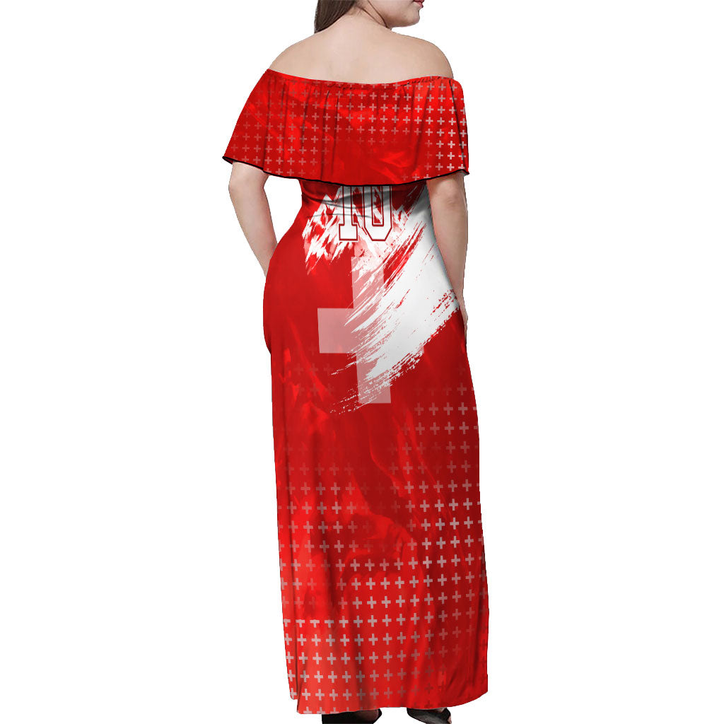 Personalized Switzerland Football Alpine Goat Off Shoulder Maxi Dress Swiss Flag Snow Mountain - Soccer Mascot