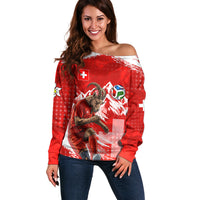 Personalized Switzerland Football Alpine Goat Off Shoulder Sweater Swiss Flag Snow Mountain - Soccer Mascot