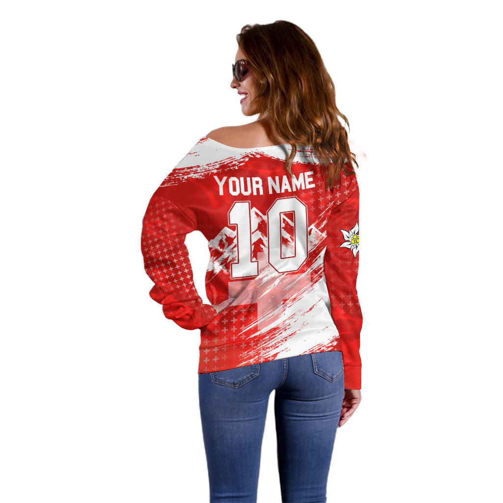 Personalized Switzerland Football Alpine Goat Off Shoulder Sweater Swiss Flag Snow Mountain - Soccer Mascot