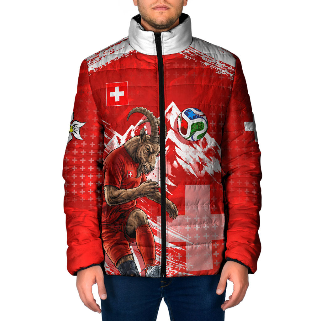 Personalized Switzerland Football Alpine Goat Padded Jacket Swiss Flag Snow Mountain - Soccer Mascot
