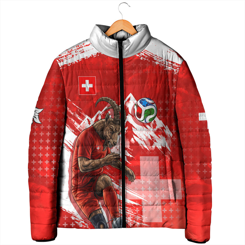 Personalized Switzerland Football Alpine Goat Padded Jacket Swiss Flag Snow Mountain - Soccer Mascot