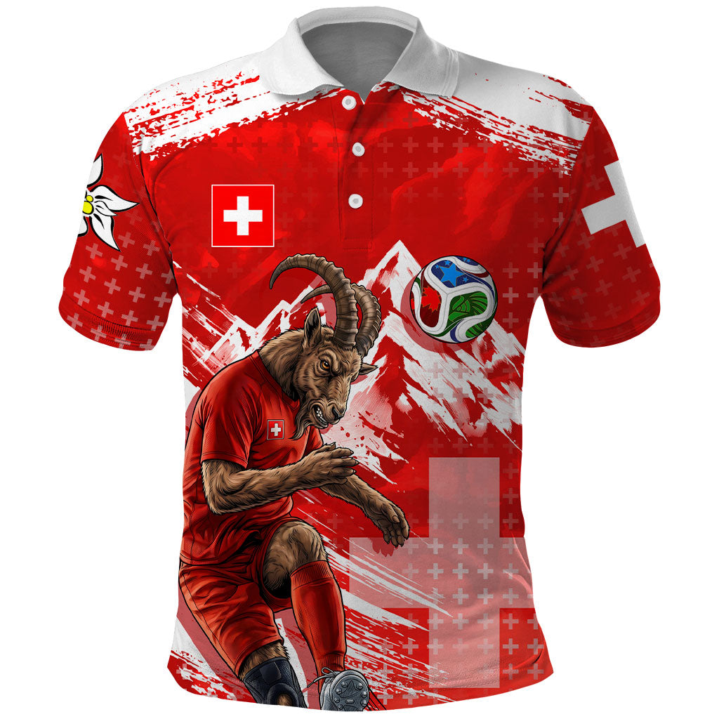 Personalized Switzerland Football Alpine Goat Polo Shirt Swiss Flag Snow Mountain - Soccer Mascot