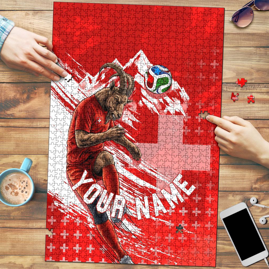 Personalized Switzerland Football Alpine Goat Puzzle Swiss Flag Snow Mountain - Soccer Mascot