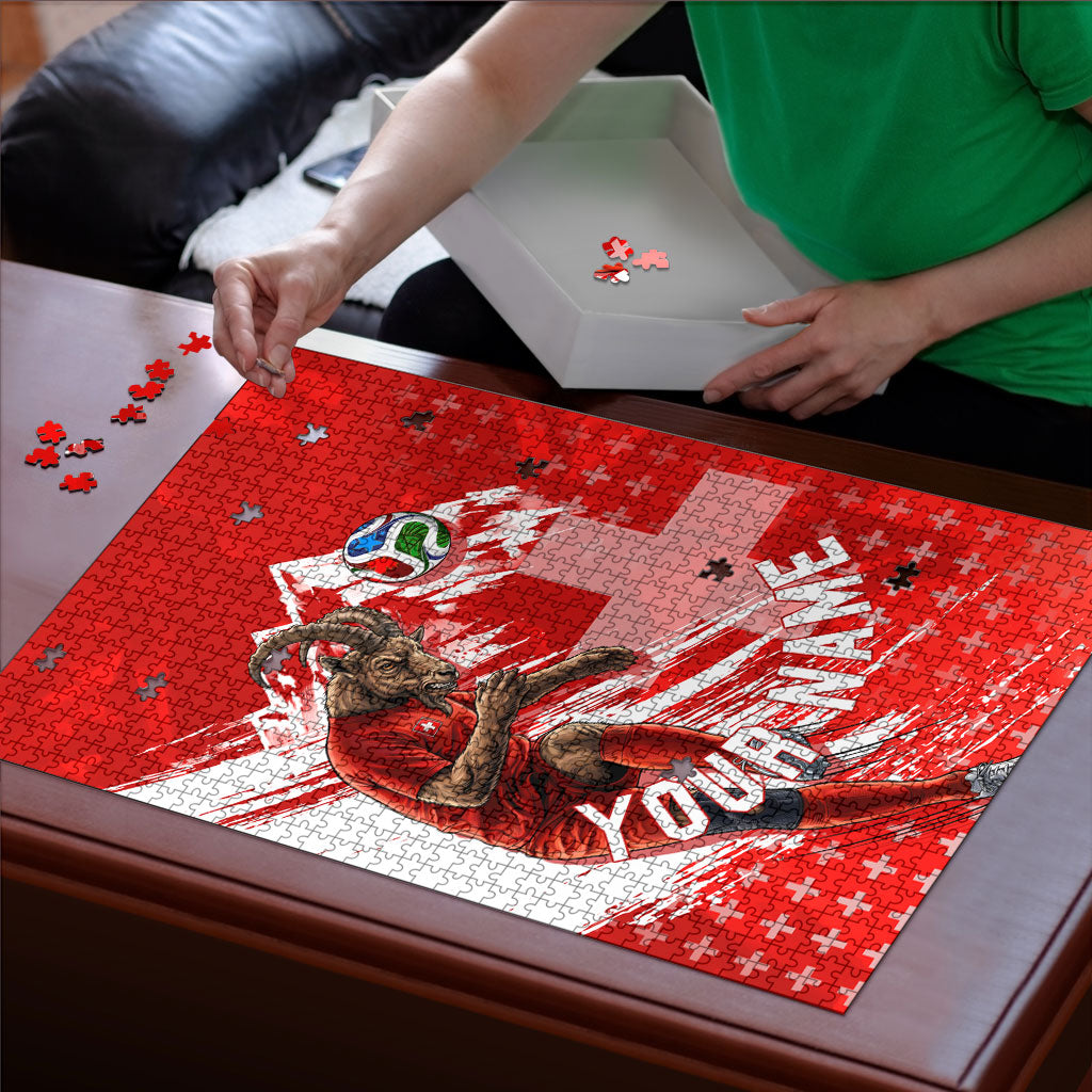 Personalized Switzerland Football Alpine Goat Puzzle Swiss Flag Snow Mountain - Soccer Mascot