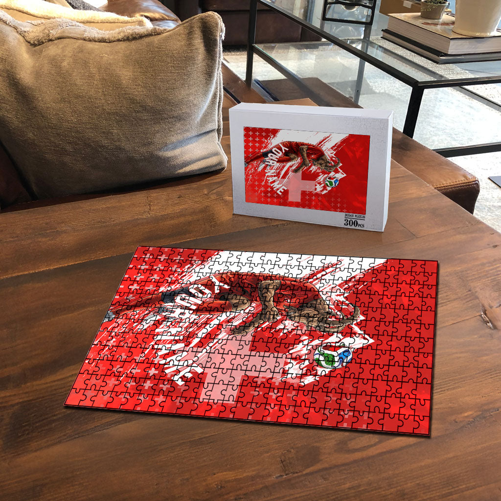 Personalized Switzerland Football Alpine Goat Puzzle Swiss Flag Snow Mountain - Soccer Mascot