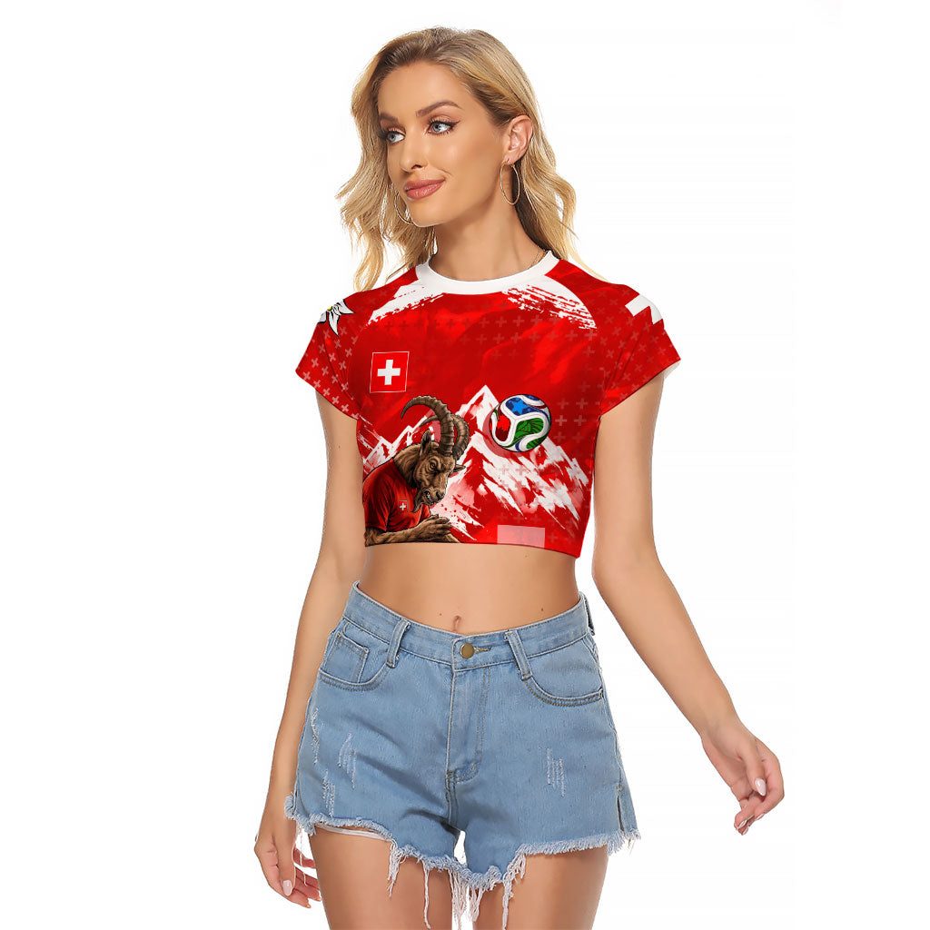 Personalized Switzerland Football Alpine Goat Raglan Cropped T Shirt Swiss Flag Snow Mountain - Soccer Mascot