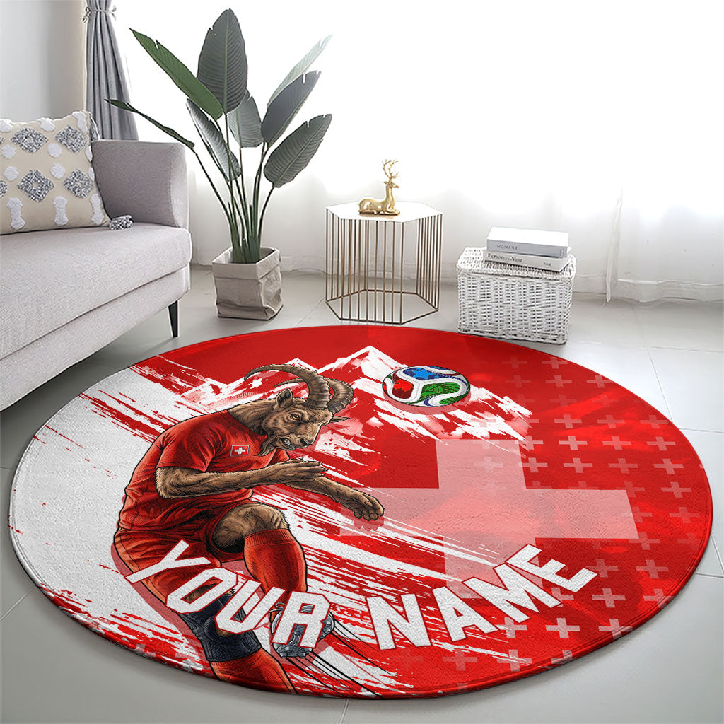 Personalized Switzerland Football Alpine Goat Round Carpet Swiss Flag Snow Mountain - Soccer Mascot