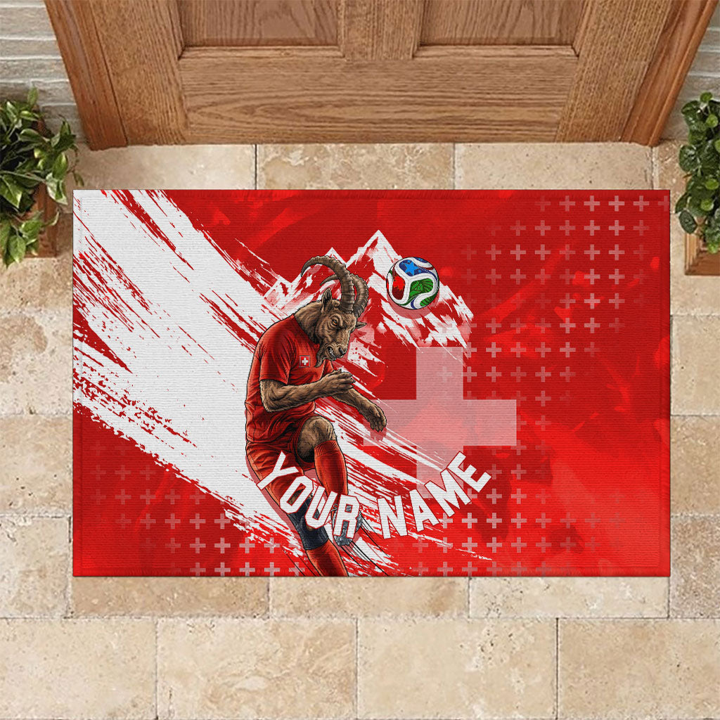 Personalized Switzerland Football Alpine Goat Rubber Doormat Swiss Flag Snow Mountain - Soccer Mascot