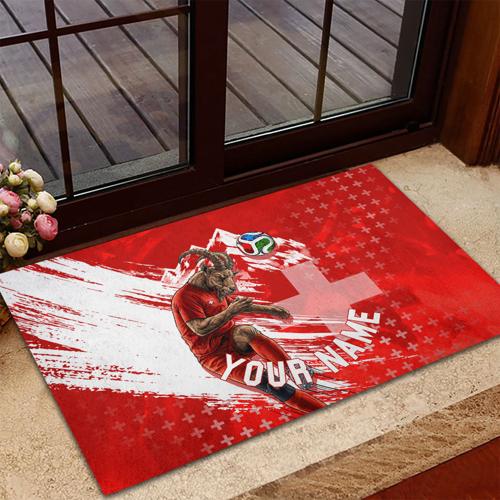Personalized Switzerland Football Alpine Goat Rubber Doormat Swiss Flag Snow Mountain - Soccer Mascot