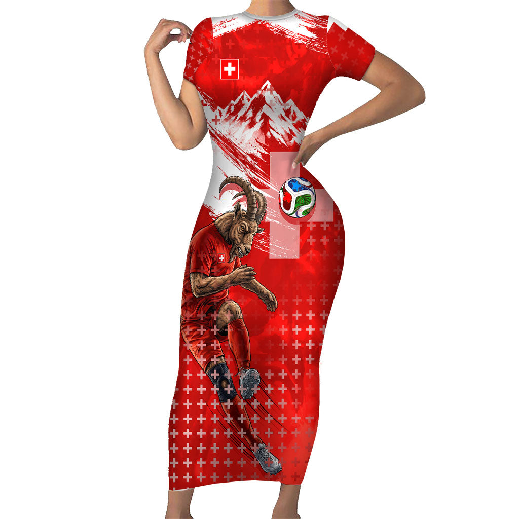 Personalized Switzerland Football Alpine Goat Short Sleeve Bodycon Dress Swiss Flag Snow Mountain - Soccer Mascot