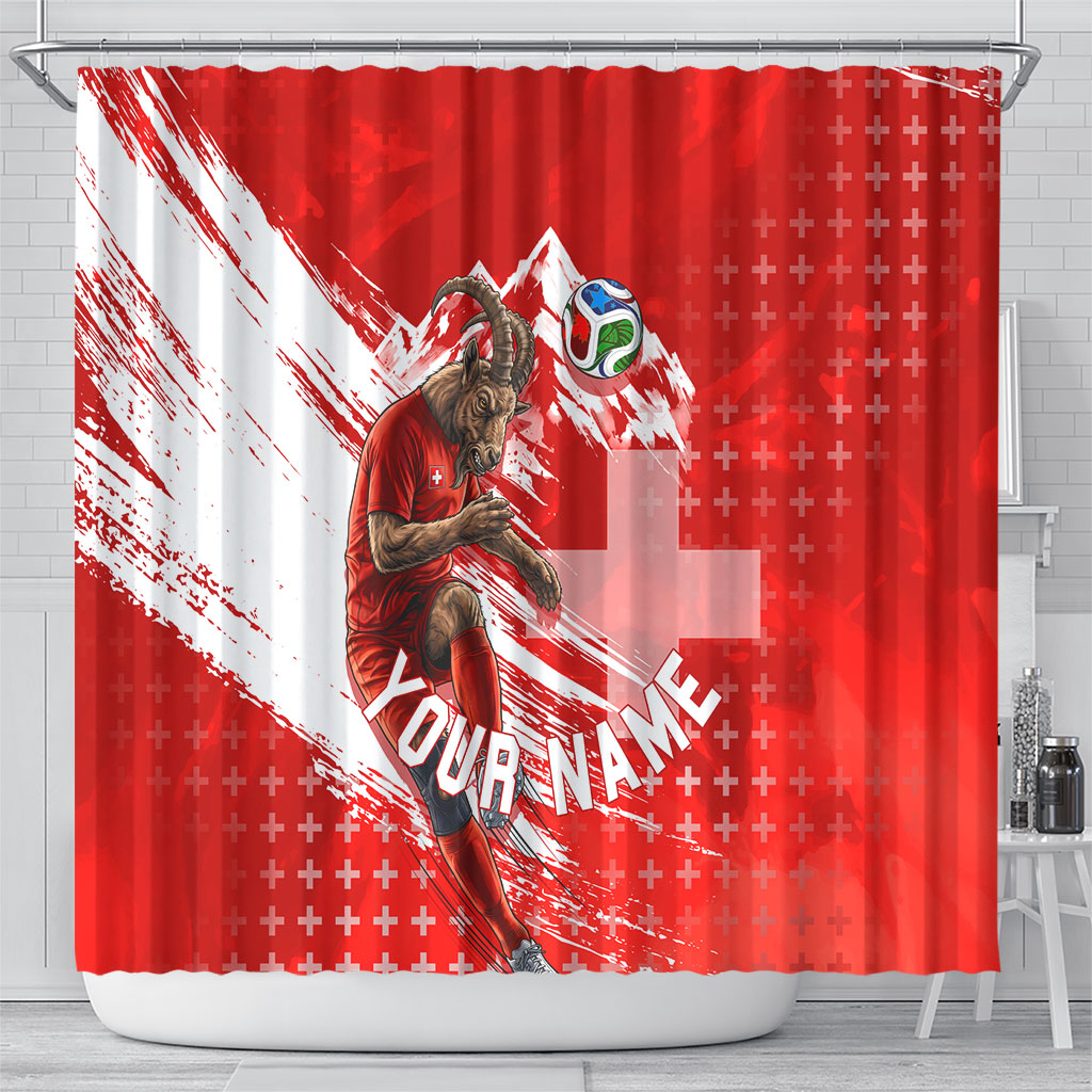 Personalized Switzerland Football Alpine Goat Shower Curtain Swiss Flag Snow Mountain - Soccer Mascot