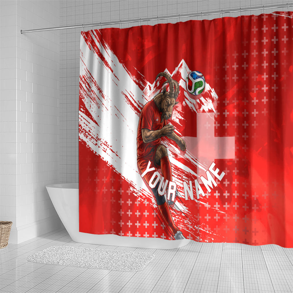 Personalized Switzerland Football Alpine Goat Shower Curtain Swiss Flag Snow Mountain - Soccer Mascot