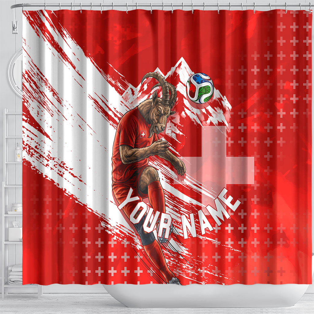 Personalized Switzerland Football Alpine Goat Shower Curtain Swiss Flag Snow Mountain - Soccer Mascot