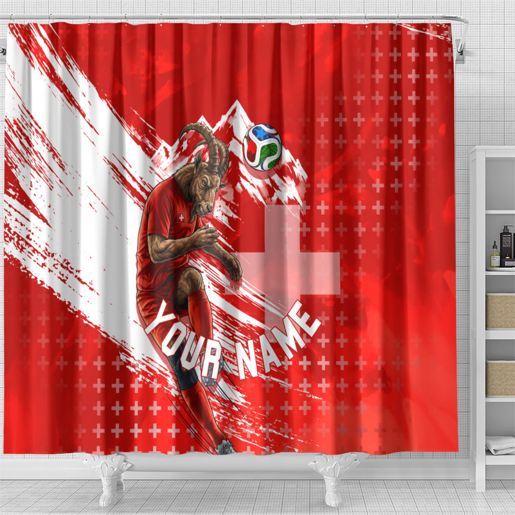 Personalized Switzerland Football Alpine Goat Shower Curtain Swiss Flag Snow Mountain - Soccer Mascot