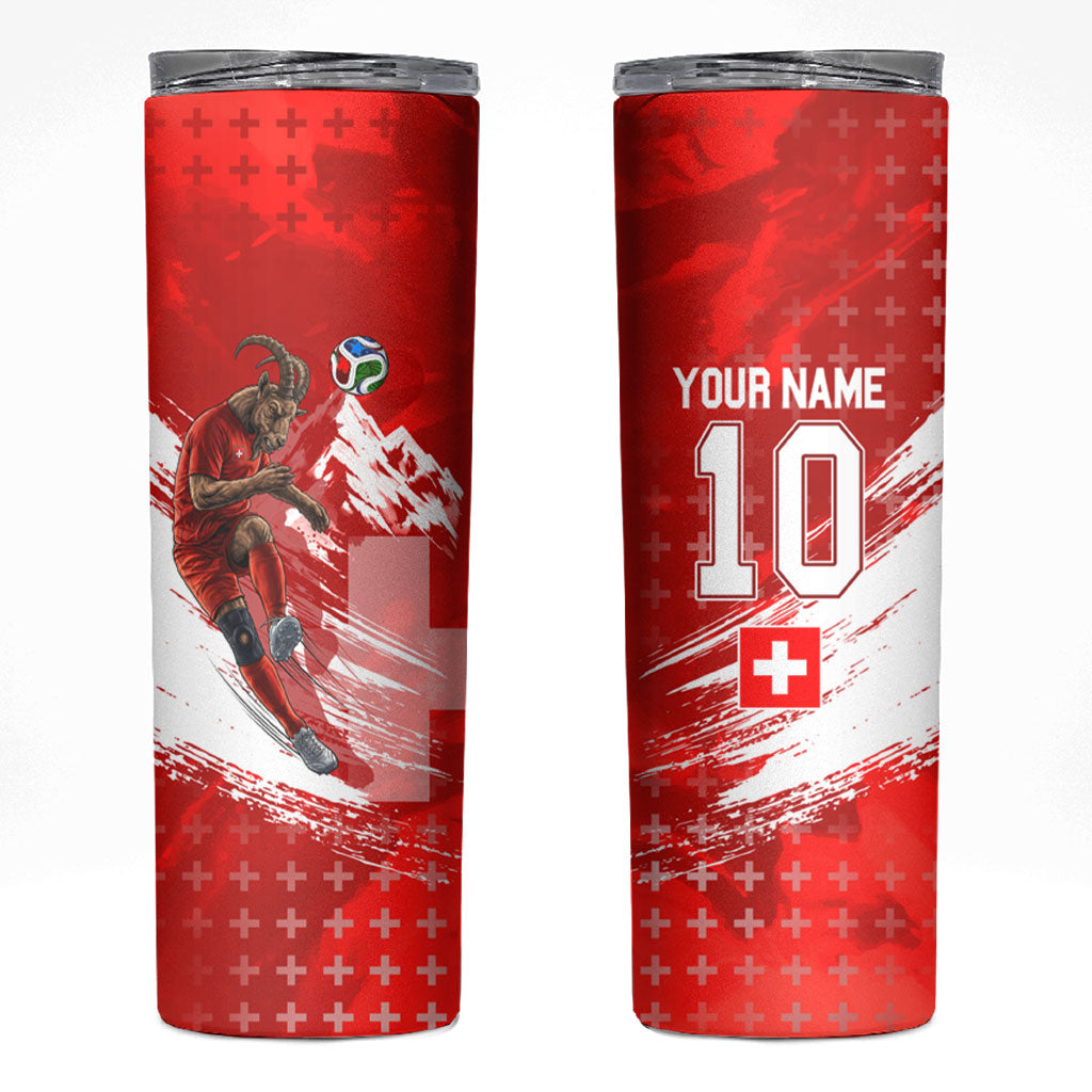 Personalized Switzerland Football Alpine Goat Skinny Tumbler Swiss Flag Snow Mountain - Soccer Mascot