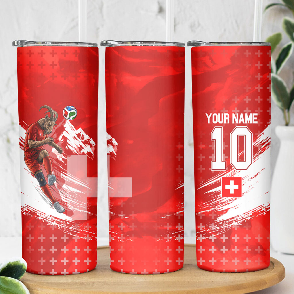 Personalized Switzerland Football Alpine Goat Skinny Tumbler Swiss Flag Snow Mountain - Soccer Mascot