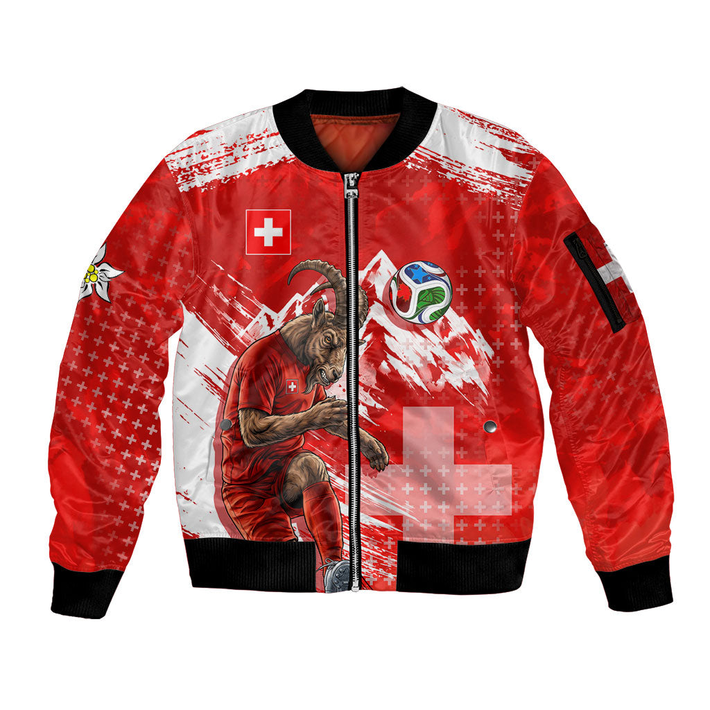 Personalized Switzerland Football Alpine Goat Sleeve Zip Bomber Jacket Swiss Flag Snow Mountain - Soccer Mascot