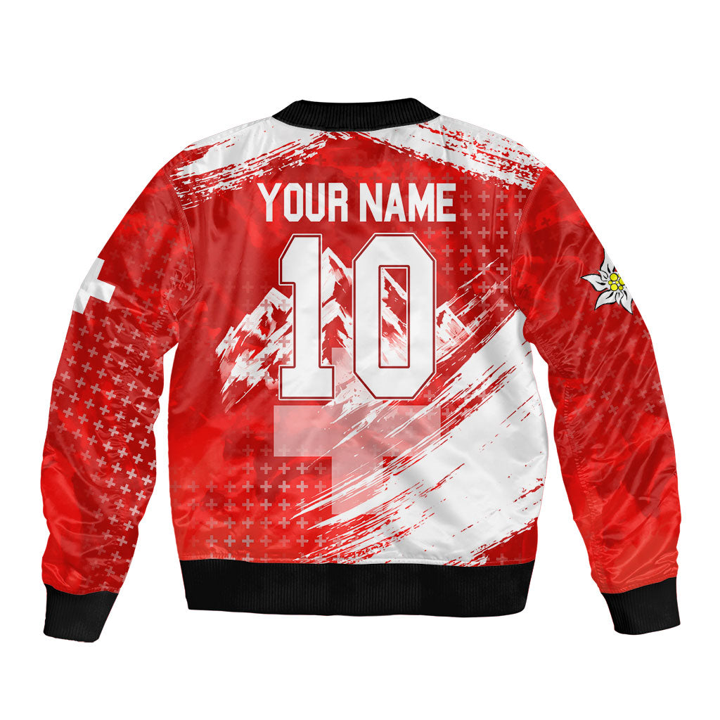Personalized Switzerland Football Alpine Goat Sleeve Zip Bomber Jacket Swiss Flag Snow Mountain - Soccer Mascot