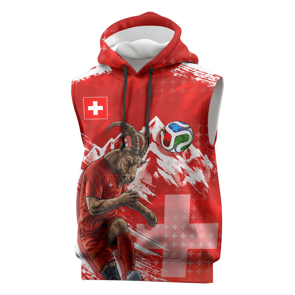 Personalized Switzerland Football Alpine Goat Sleeveless Hoodie Swiss Flag Snow Mountain - Soccer Mascot