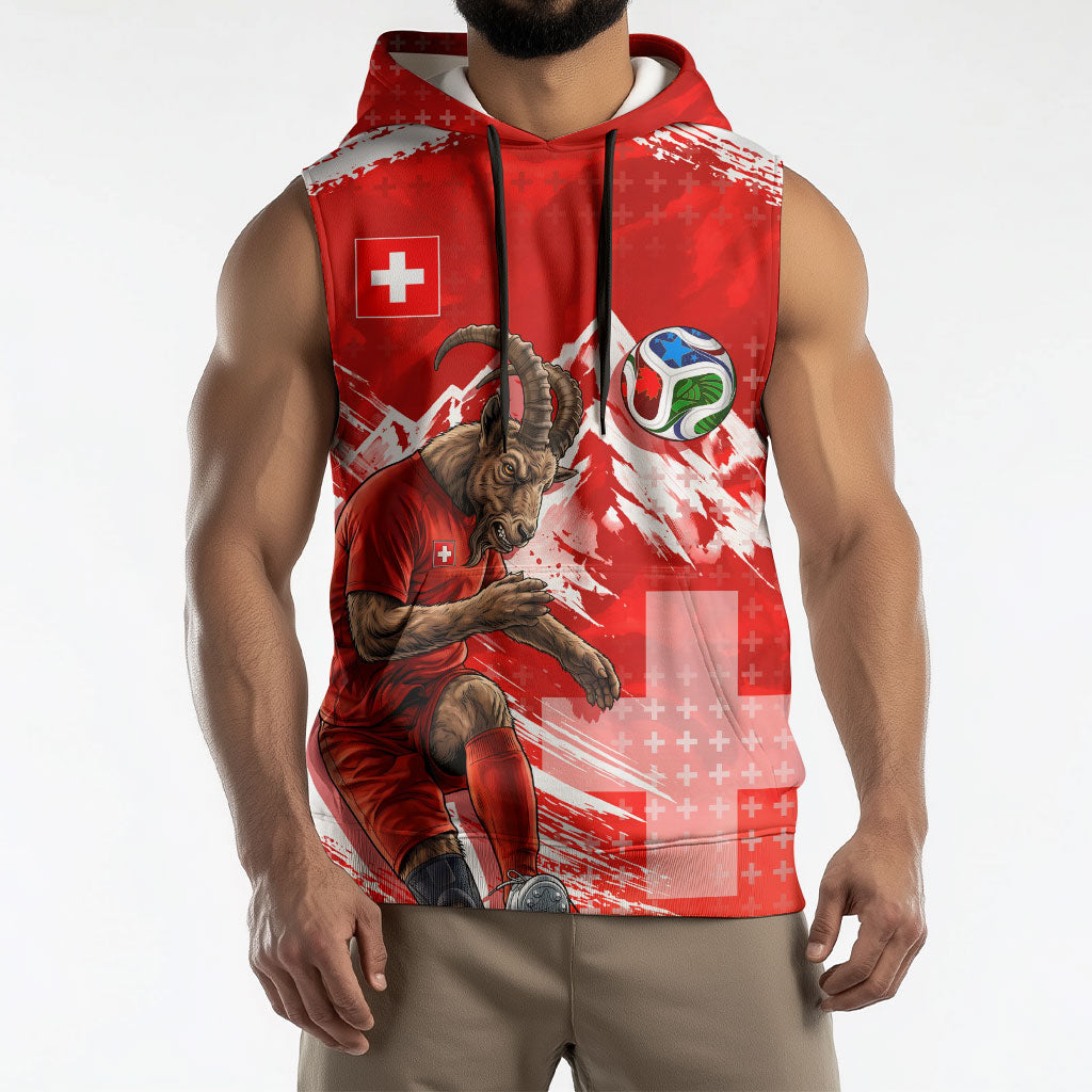 Personalized Switzerland Football Alpine Goat Sleeveless Hoodie Swiss Flag Snow Mountain - Soccer Mascot