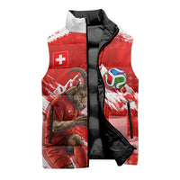 Personalized Switzerland Football Alpine Goat Sleeveless Puffer Jacket Swiss Flag Snow Mountain - Soccer Mascot