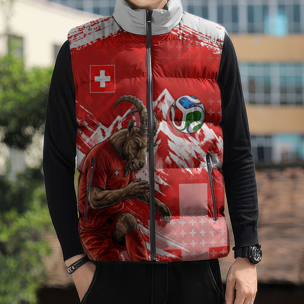 Personalized Switzerland Football Alpine Goat Sleeveless Puffer Jacket Swiss Flag Snow Mountain - Soccer Mascot