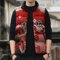 Personalized Switzerland Football Alpine Goat Sleeveless Puffer Jacket Swiss Flag Snow Mountain - Soccer Mascot