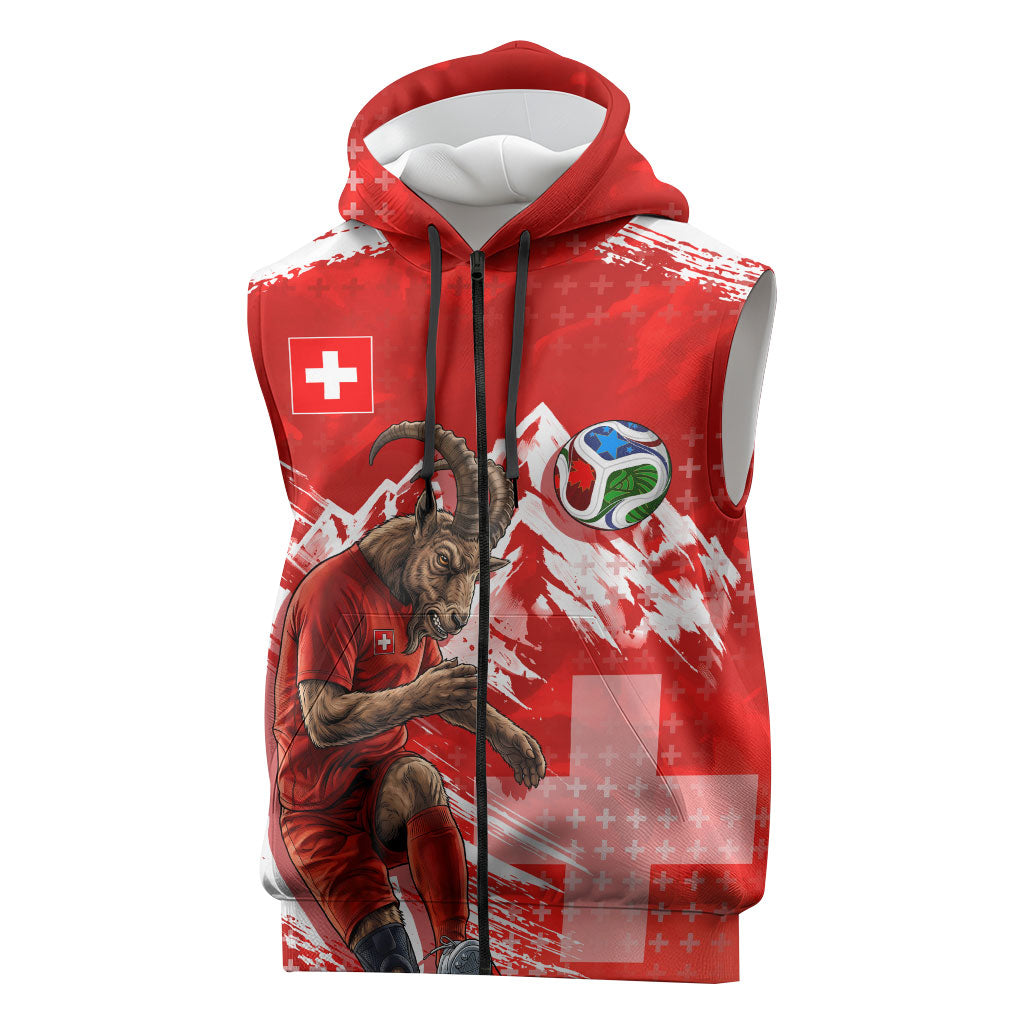 Personalized Switzerland Football Alpine Goat Sleeveless Zip Hoodie Swiss Flag Snow Mountain - Soccer Mascot