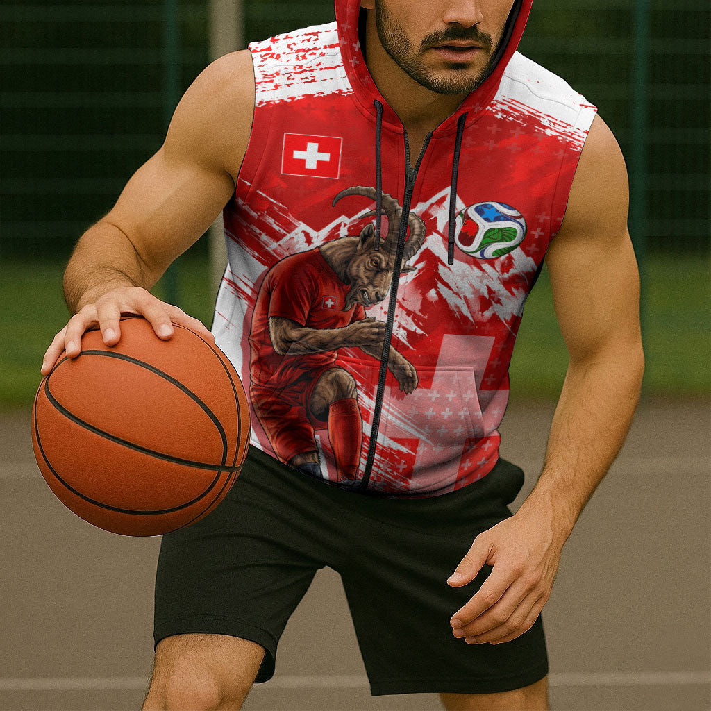 Personalized Switzerland Football Alpine Goat Sleeveless Zip Hoodie Swiss Flag Snow Mountain - Soccer Mascot