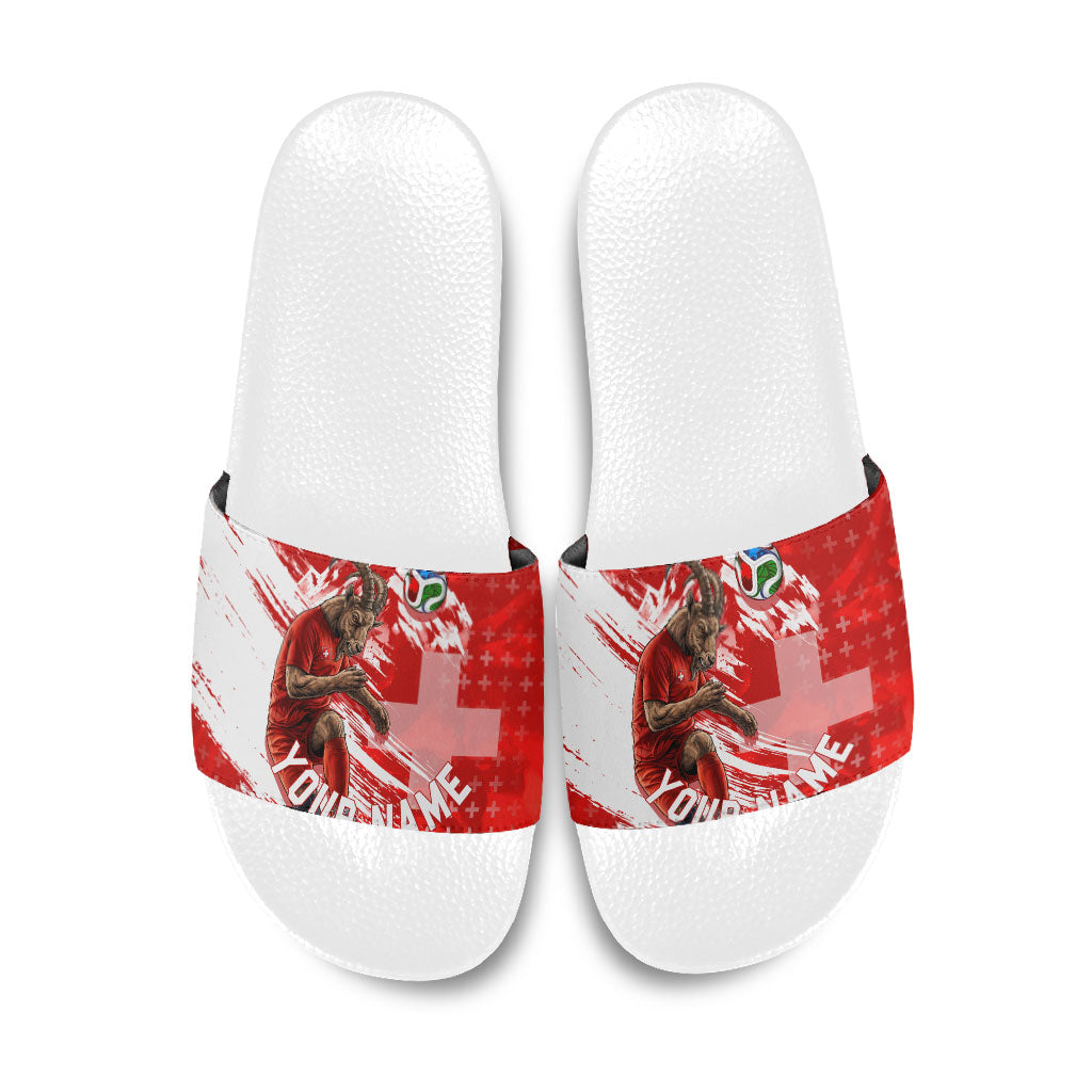 Personalized Switzerland Football Alpine Goat Slide Sandals Swiss Flag Snow Mountain - Soccer Mascot