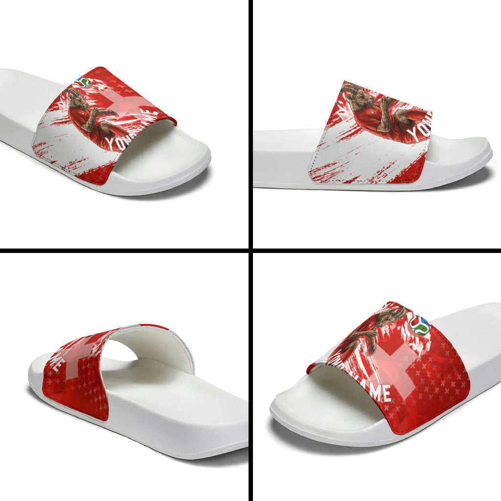 Personalized Switzerland Football Alpine Goat Slide Sandals Swiss Flag Snow Mountain - Soccer Mascot