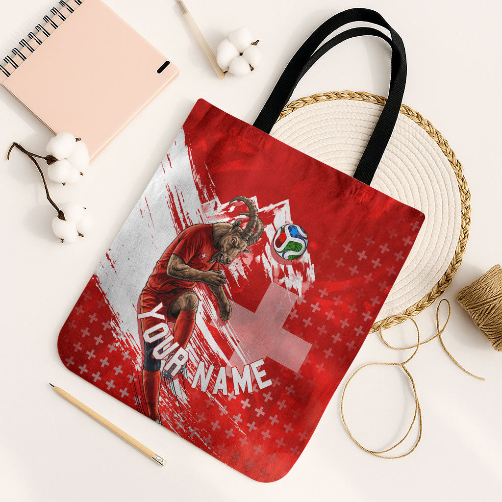 Personalized Switzerland Football Alpine Goat Tote Bag Swiss Flag Snow Mountain - Soccer Mascot