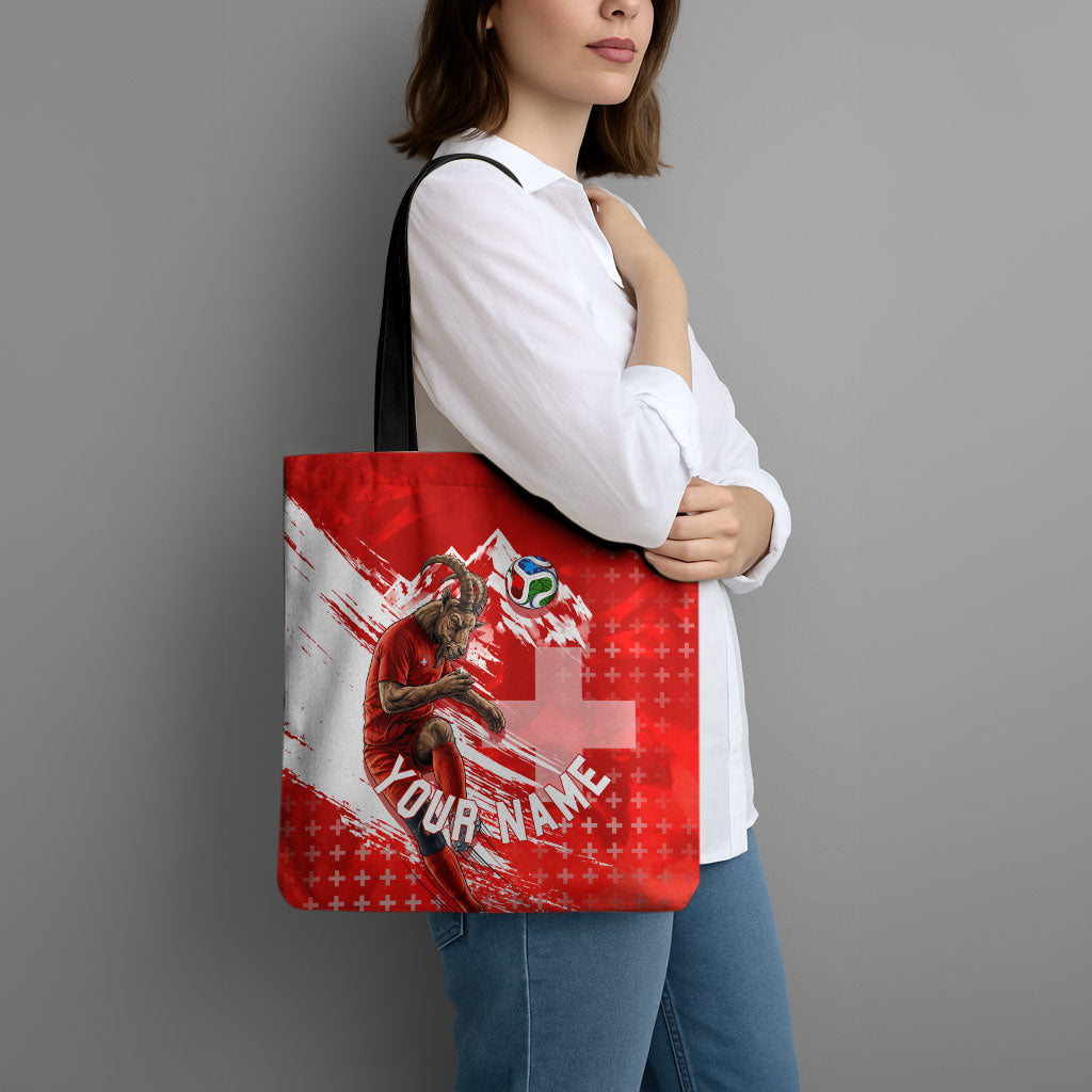 Personalized Switzerland Football Alpine Goat Tote Bag Swiss Flag Snow Mountain - Soccer Mascot