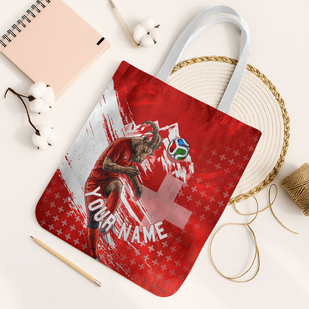Personalized Switzerland Football Alpine Goat Tote Bag Swiss Flag Snow Mountain - Soccer Mascot