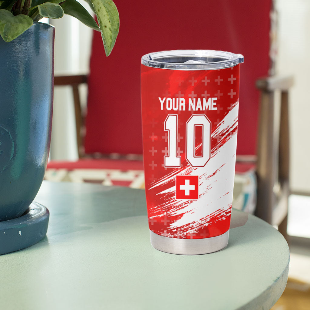 Personalized Switzerland Football Alpine Goat Tumbler Cup Swiss Flag Snow Mountain - Soccer Mascot