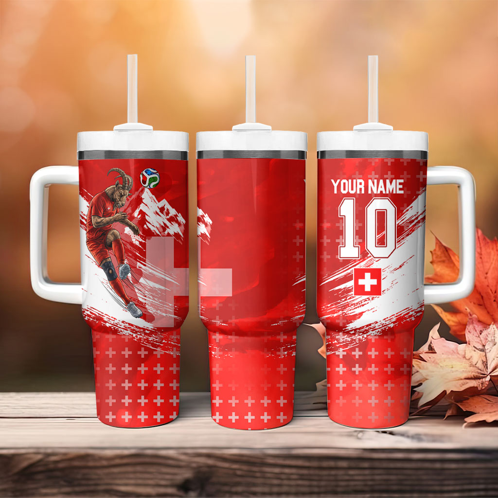 Personalized Switzerland Football Alpine Goat Tumbler With Handle Swiss Flag Snow Mountain - Soccer Mascot